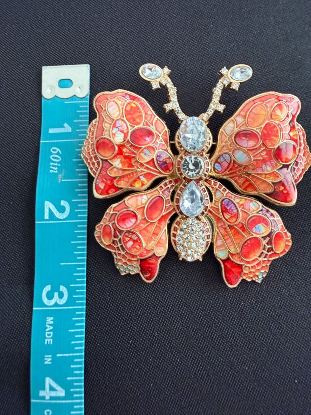Large Red & Coral Enamel Butterfly Brooch – Iridescent Wings, Crystal Body, Gold - Picture 4 of 5